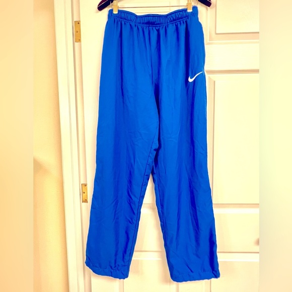 NIKE Mens LARGE Track PANTS Royal BLUE Polyester White Stripe Drawstring Ankle - Picture 1 of 8